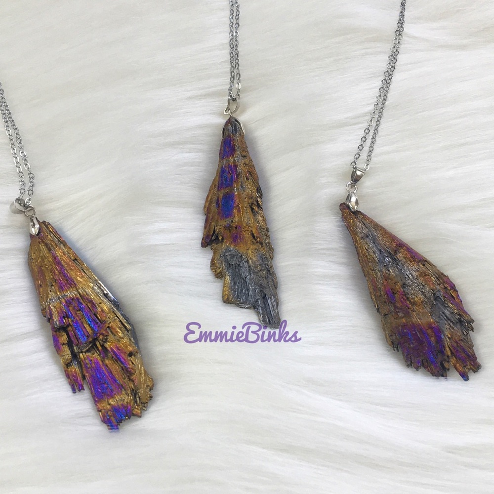 New Amazing Platinum Plated Raw Tourmaline Crystal Feather Pendant Necklace